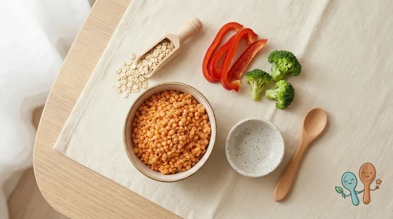 Eisenreiche vegane Beikost &ndash; Linsen, Haferflocken und Paprika neben einem Babyteller auf hellem Leinen