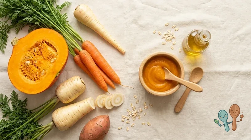 Hokkaido-Kürbis, Möhren und Pastinaken neben einem Baby-Schälchen mit orangefarbenem Brei