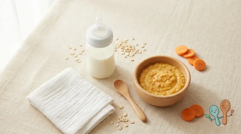 Fläschchen und Breischälchen nebeneinander auf einem hellen Tisch – der Übergang von Milch zu Beikost