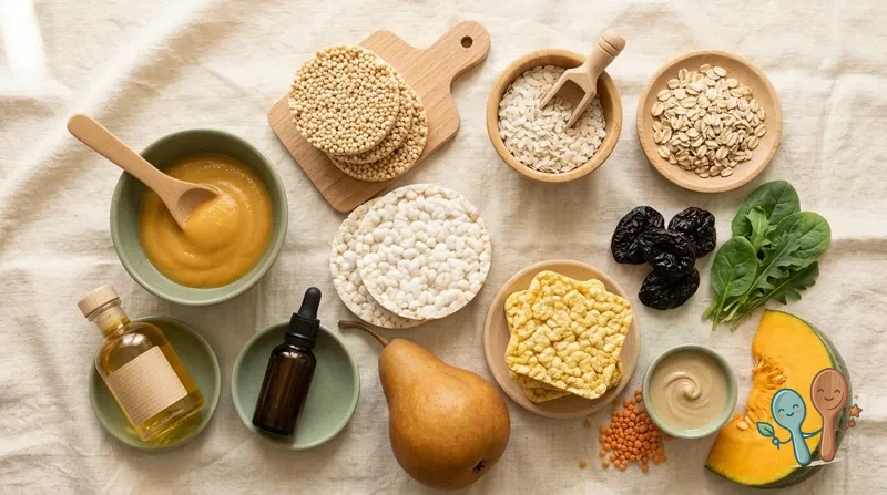 B12-Präparat, Algenöl und frische pflanzliche Lebensmittel neben einem Babyschälchen auf cremefarbenem Tisch