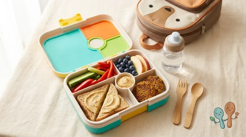 Bunte Kinder-Lunchbox mit Vollkornbrot, Gemüsesticks, Hummus und Obst neben einem kleinen Rucksack