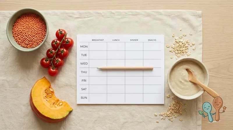 Ausgedruckter veganer Wochenplan mit frischem Gemüse, Hülsenfrüchten und einem Baby-Schälchen auf einem cremefarbenen Tisch