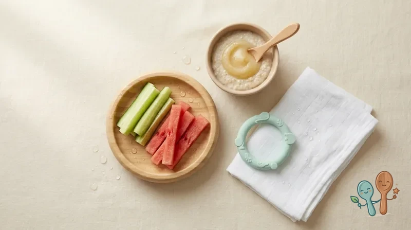 Gekühlte Gurkensticks, Melonenstücke und ein Beißring auf einem Babyteller – kühlendes Fingerfood beim Zahnen